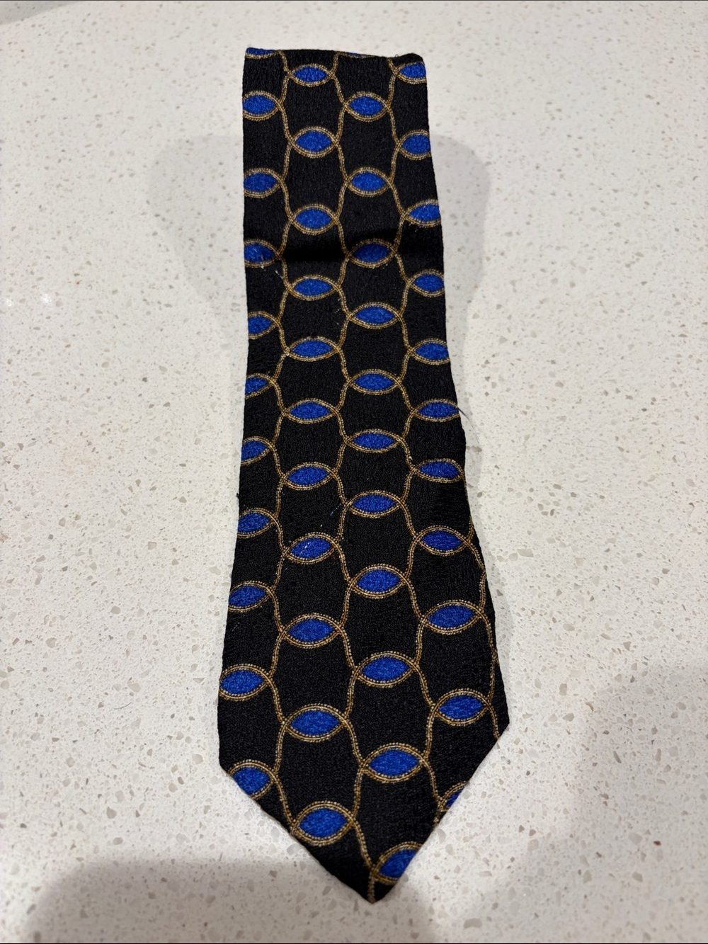 Valentino Black Silk Tie with Blue & Gold Geometric Motif - Boys length